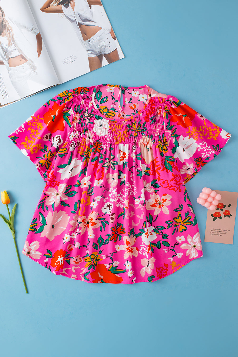 Flutter Sleeve Smocked Floral Print Top