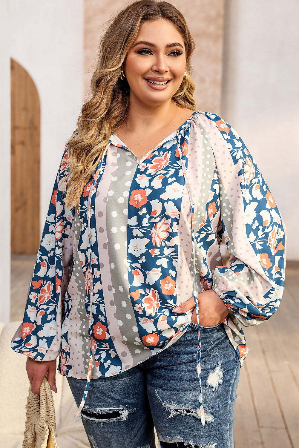 Long Sleeve Floral Print V-neck Plus-size Blouse