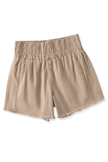 High Rise Elastic Waist Khaki Denim Shorts