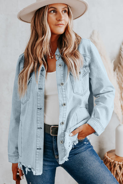 Long Sleeve Button-down Distressed Denim Blue Jean Shirt