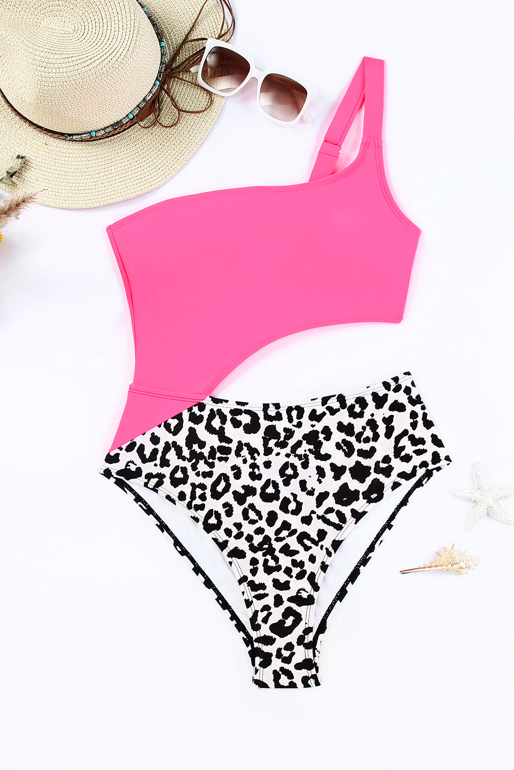 One Piece Pink and Leopard Print One Shoulder Swimsuit