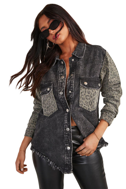 Long Sleeve Button-down Leopard Print Denim Jean Jacket