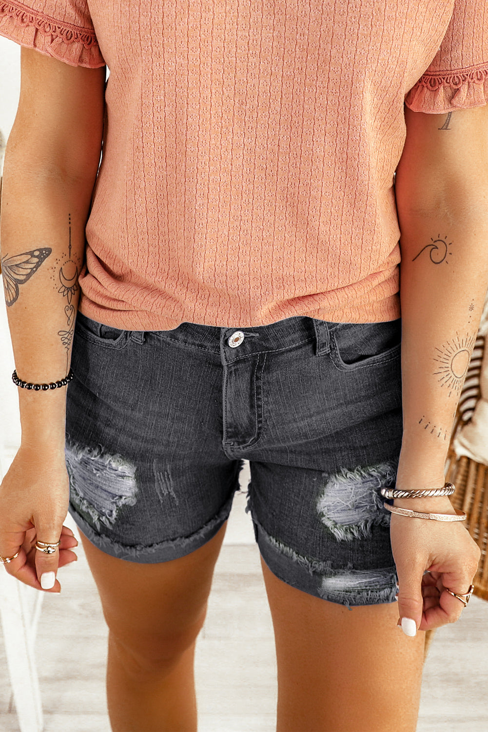 Mid-Rise Factory Distressed Black Denim Jean Shorts