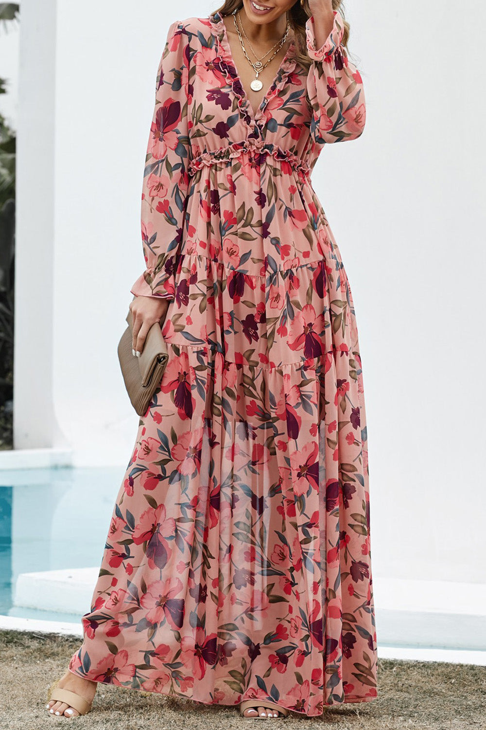 Long Sleeve Floral Print Ruffled Maxi Dress