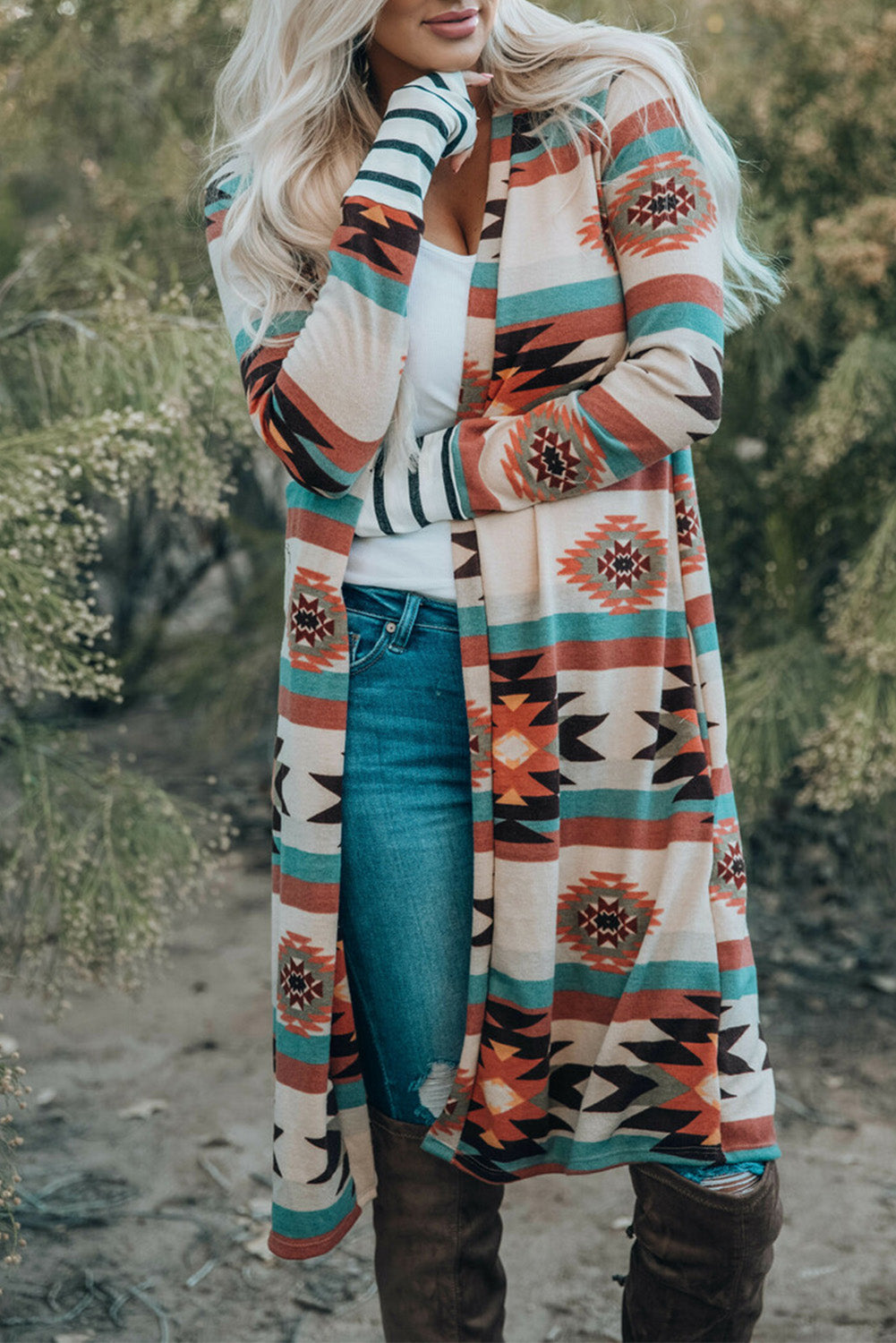 Long Sleeve Open Front Aztec Print Duster/Cardigan