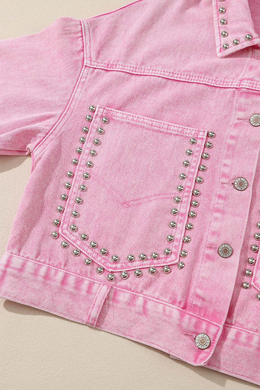 Long Sleeve Button-down Pink Studded Denim Jean Jacket