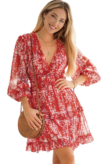 Long Sleeve V-neck Floral Print Mini Dress