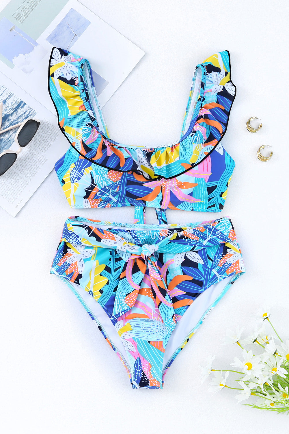 Two-piece Flutter Sleeve Floral Print Swimsuit