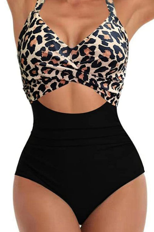 One-Piece Black and Leopard Print Swimsuit