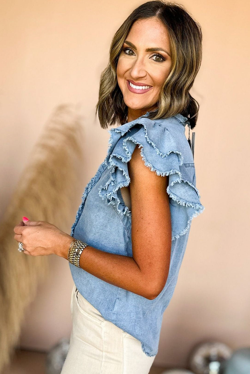 Flutter Sleeve Button-down Denim Shirt/Top