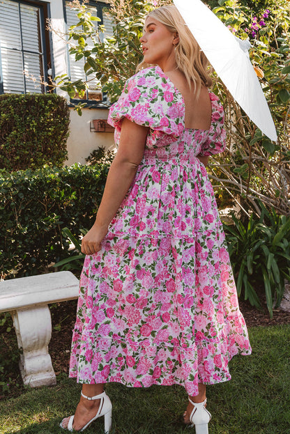 Short Sleeve Floral Print Square Neckline Plus Size Maxi Dress