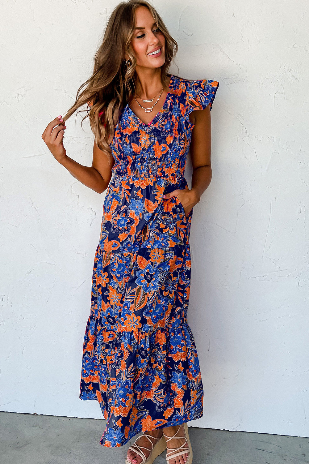 Flutter Sleeve Floral Print V-neck Maxi Dress