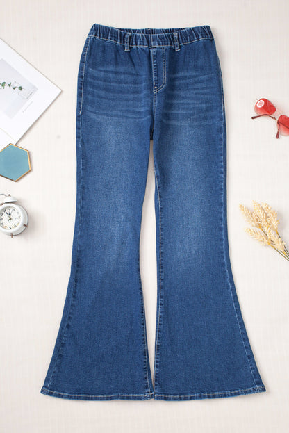 Low-rise Elastic Waist Flared Denim Blue Jeans