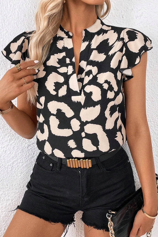 Flutter Sleeve Split V-Neck Leopard Print Top