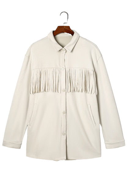 White Fringe Plus Size Suede Jacket Shacket