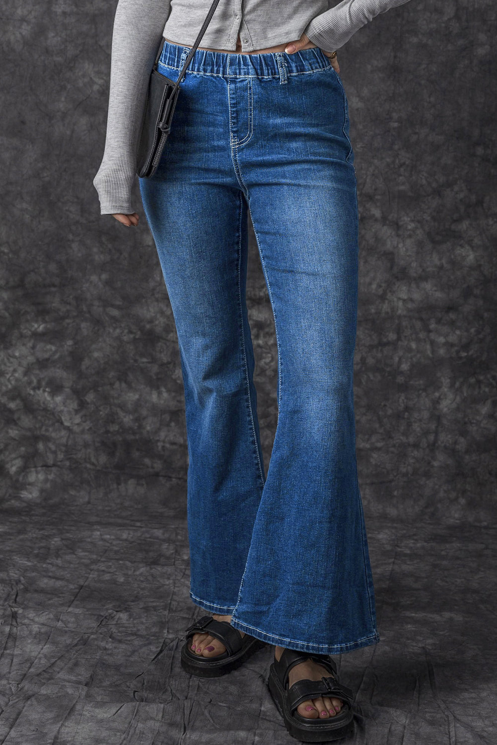 Low-rise Elastic Waist Flared Denim Blue Jeans