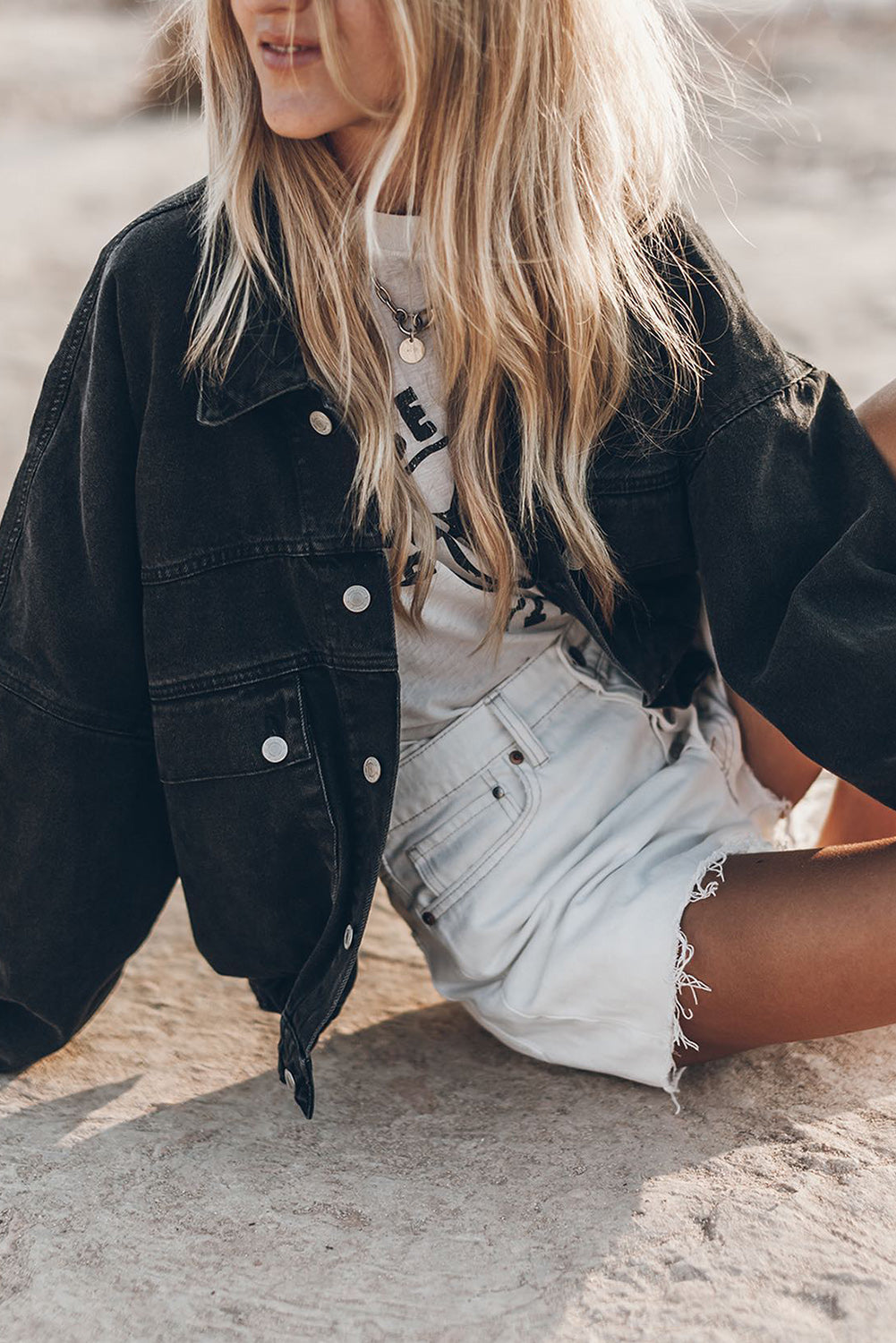 Long Sleeve Button-down Oversized Black Denim Jean Jacket