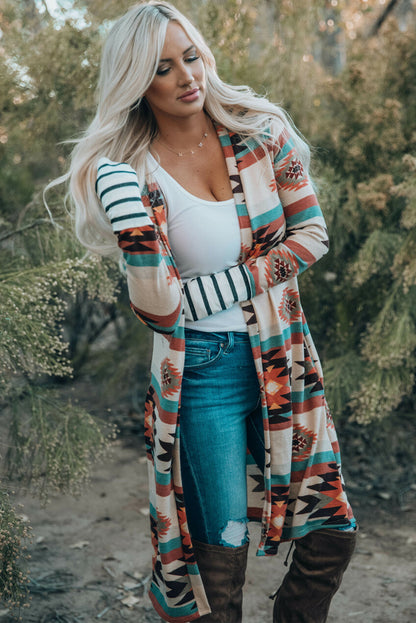 Long Sleeve Open Front Aztec Print Duster/Cardigan