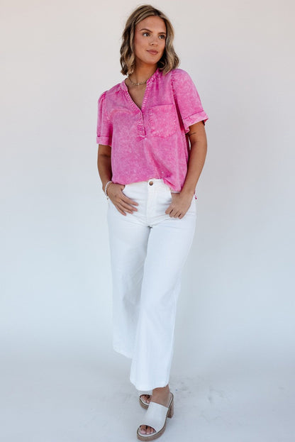 Short Sleeve Split V-neck Pink Denim Chambray Top