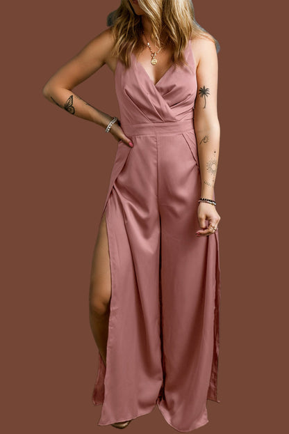 Sleeveless V-neck Pink Satin Evening Jumpsuit