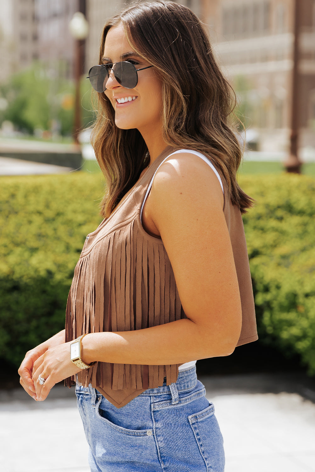 Sleeveless Snap Front Fringe Brown Cropped Western  Jacket