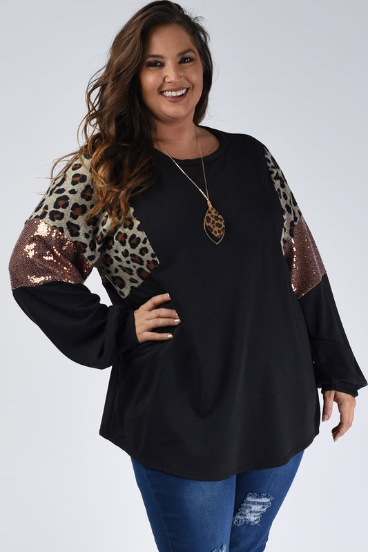 Long Sleeve Colorblock Leopard Print Plus Size Top