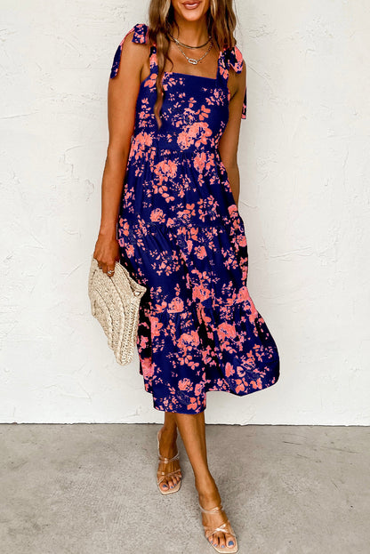 Sleeveless Tie Shoulder Straps Tiered Floral Midi Dress