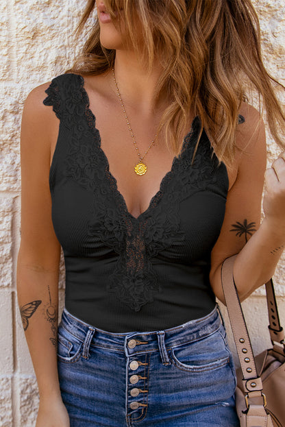 Sleeveless Black Lace  V-neck Bodysuit