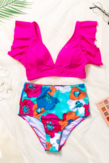 Two-piece Solid Top Floral Print Swimsuit