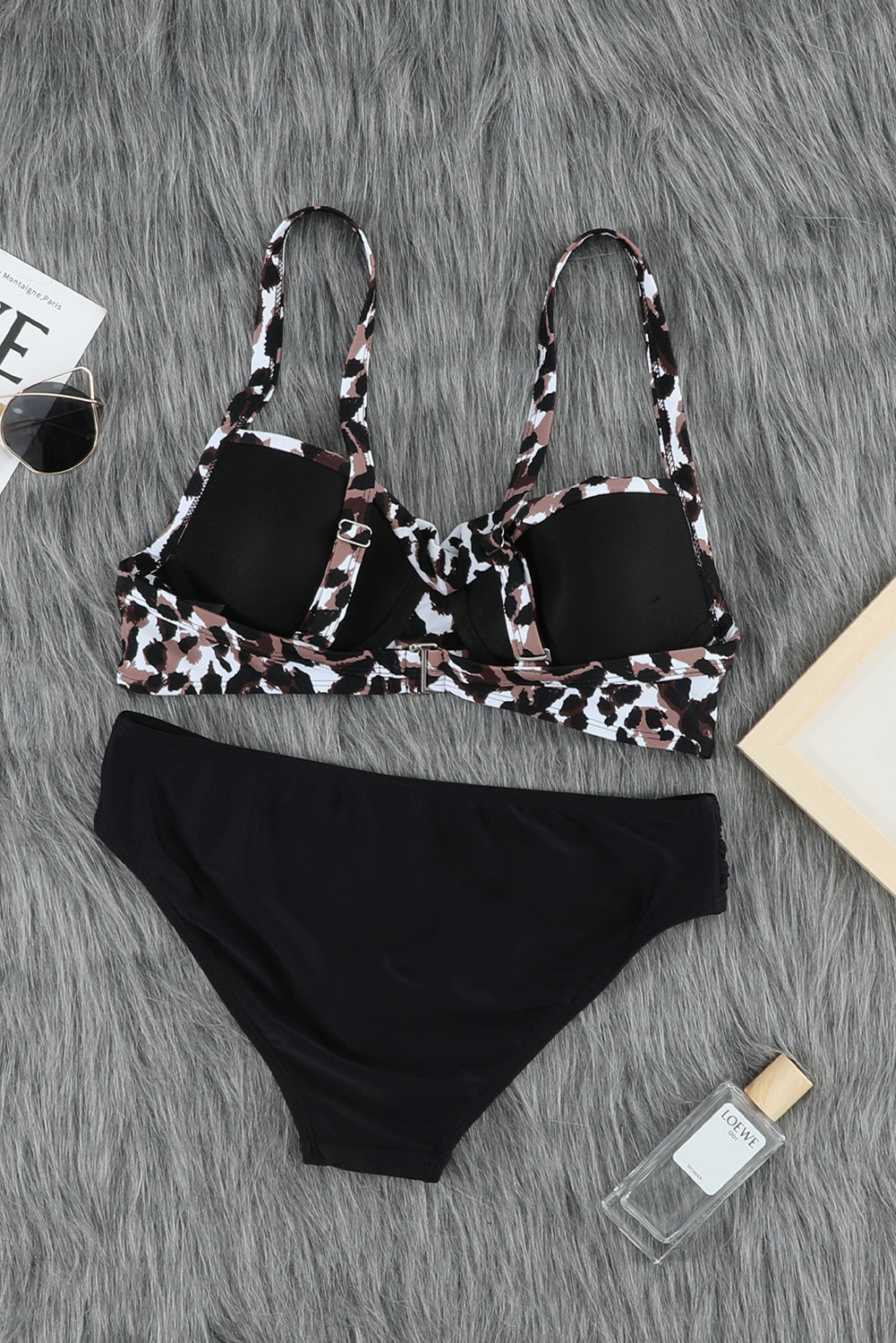 Two-Piece Black and Leopard Print Swimsuit