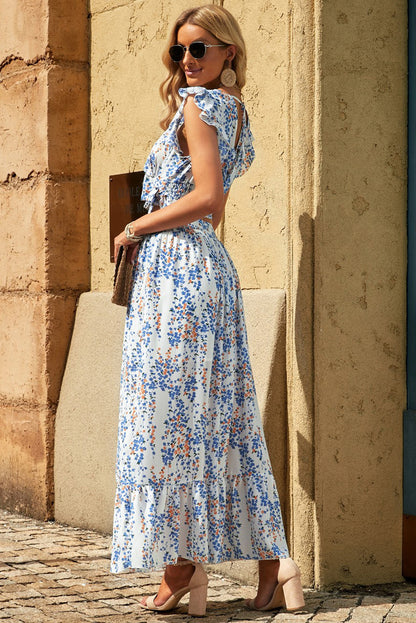 Flutter Sleeve Floral Print V-neck Maxi Skirt set