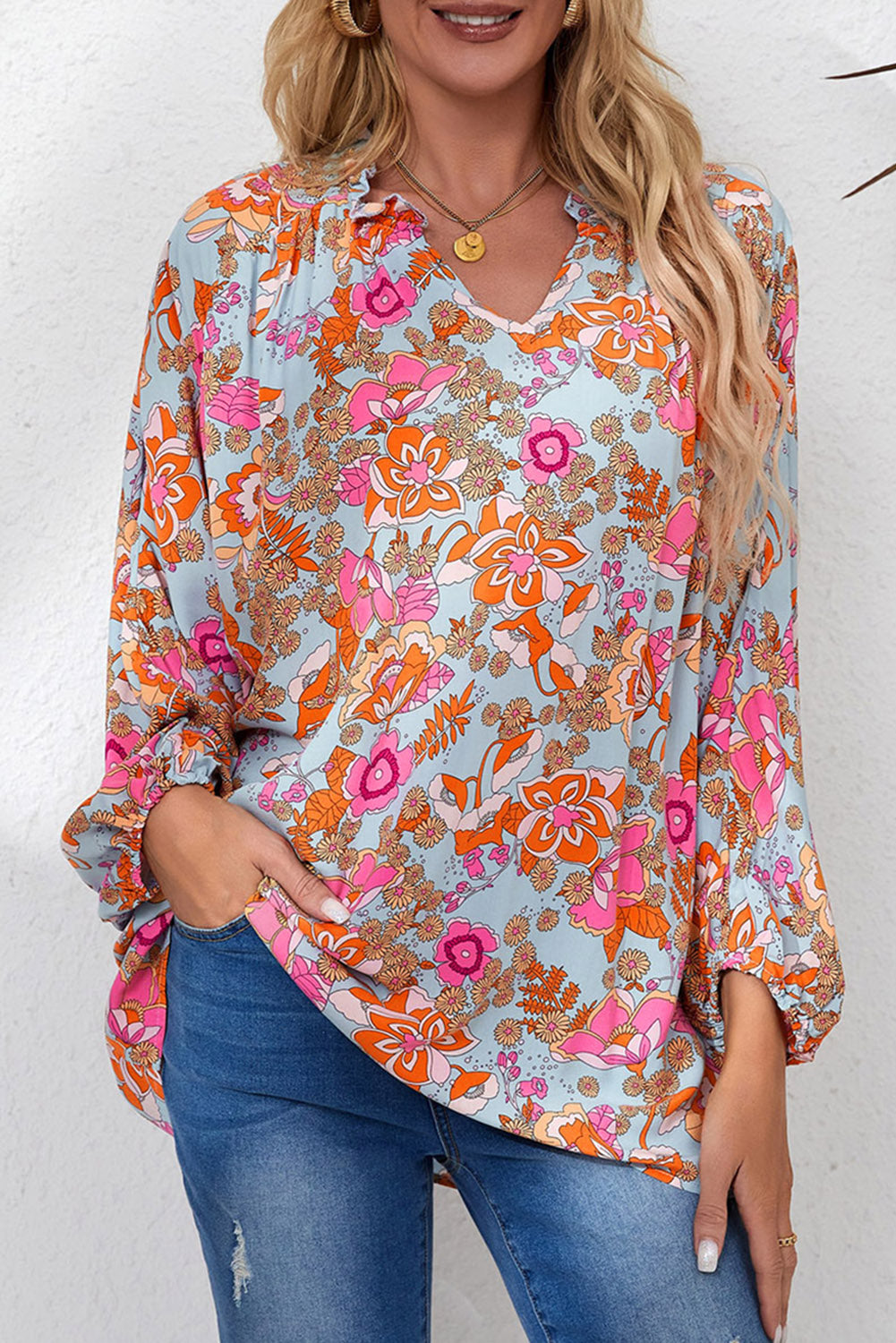 Long Sleeve Oversized Floral Print Blouse