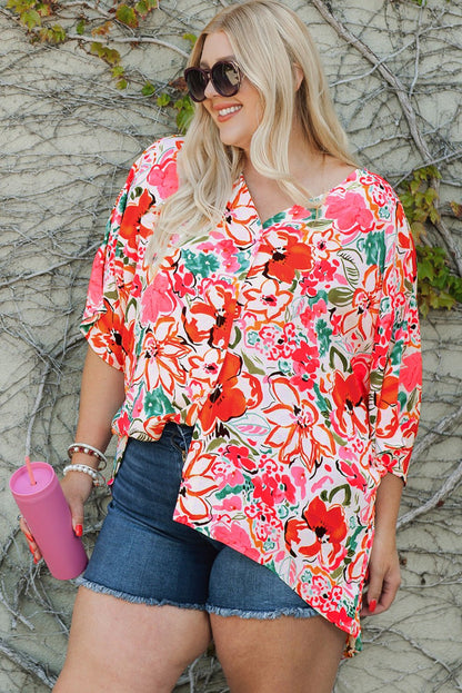 1/2 Sleeve Button- Down Floral Print Plus Size Top