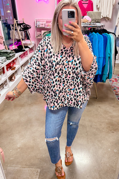 Half Batwing Sleeves Leopard Print Oversized Blouse/Top