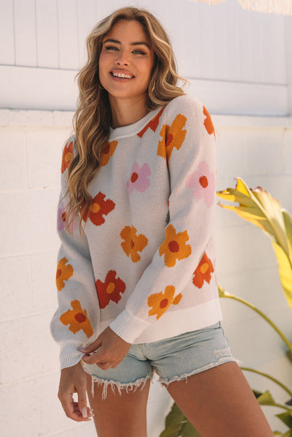 Crew Neck Relaxed Fit Sweater with Daisies