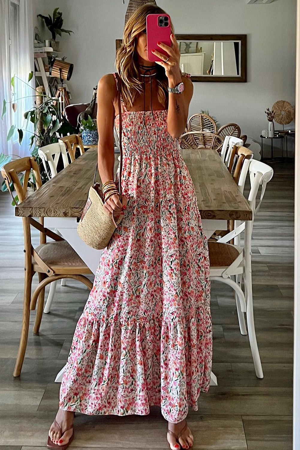 Sleeveless Smocked Floral Print Maxi Dress