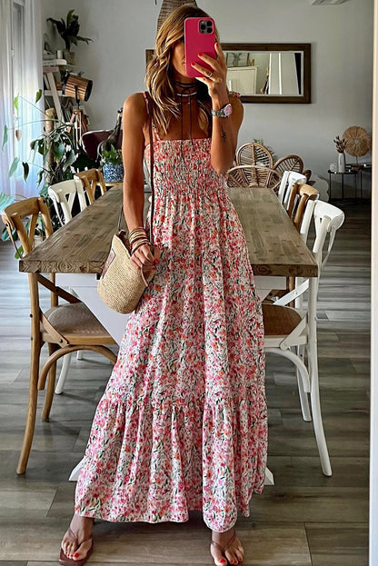 Sleeveless Smocked Floral Print Maxi Dress