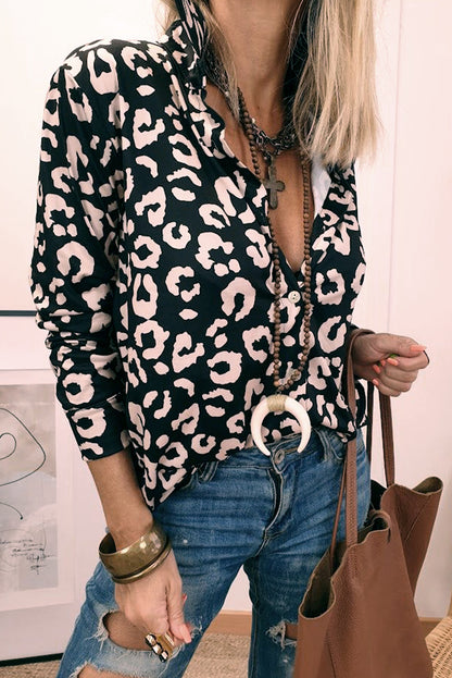 Long Sleeve Button-Down Leopard Print Shirt