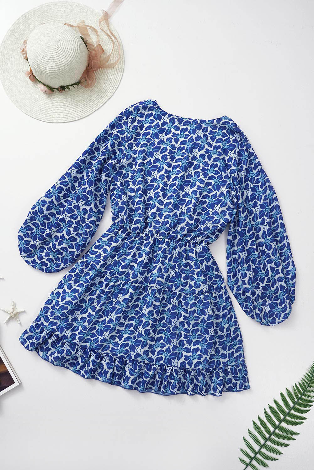 Long Sleeve V-neck Floral Print Mini Dress