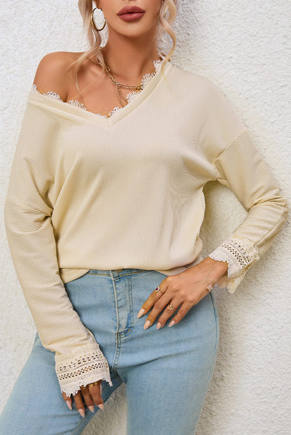 Long Sleeve V-neck Lacey Ribbed Sweater