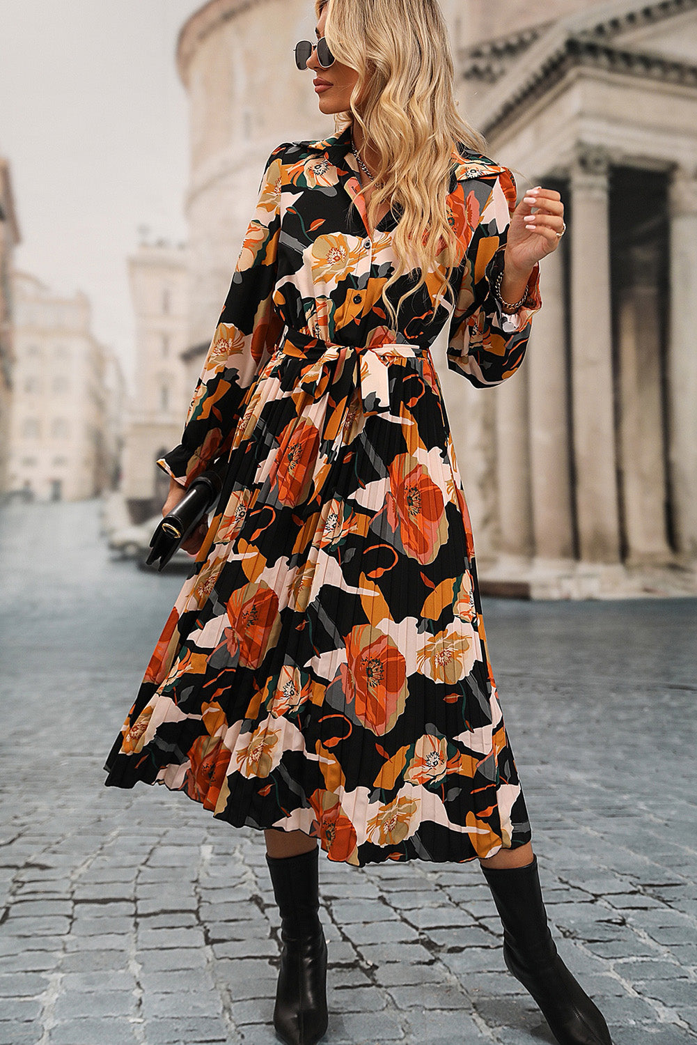 Long Sleeve Button-down Floral Print Shirt Dress