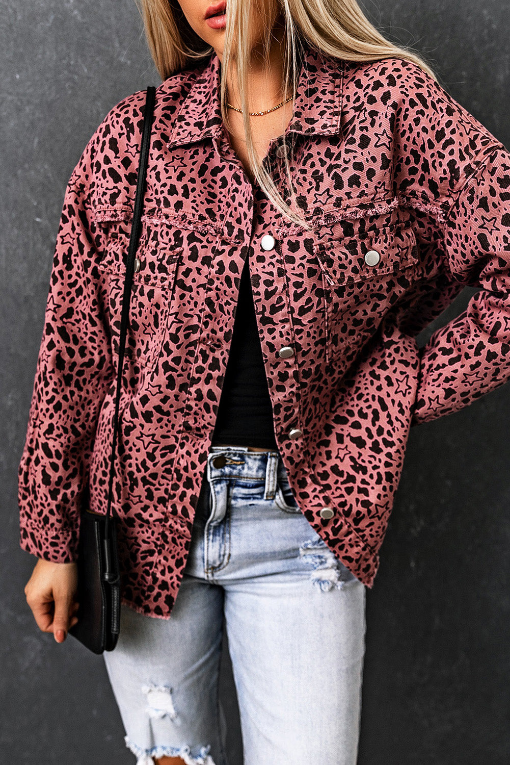 Long Sleeve Button-down Pink Leopard Print Denim Jean Jacket