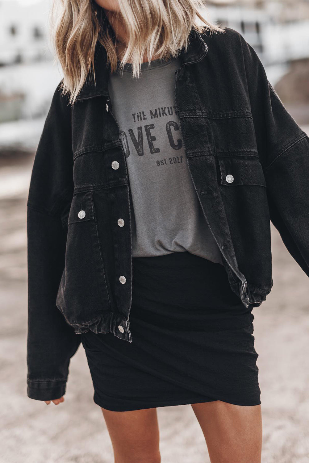 Long Sleeve Button-down Oversized Black Denim Jean Jacket