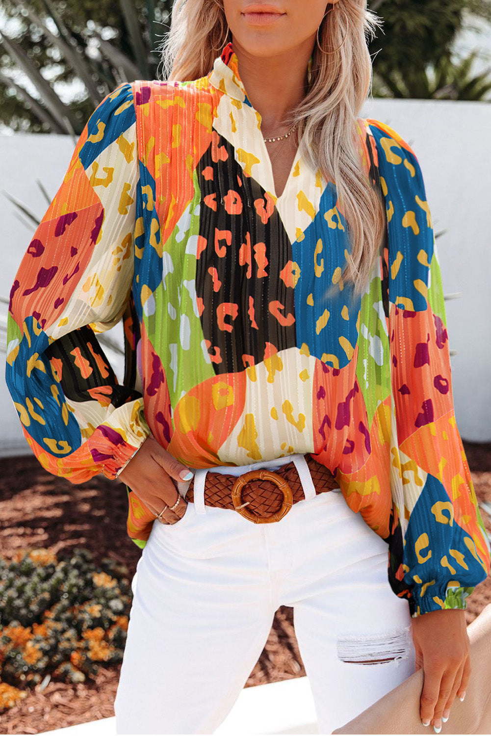 Long Sleeve Color Block Leopard Print Top