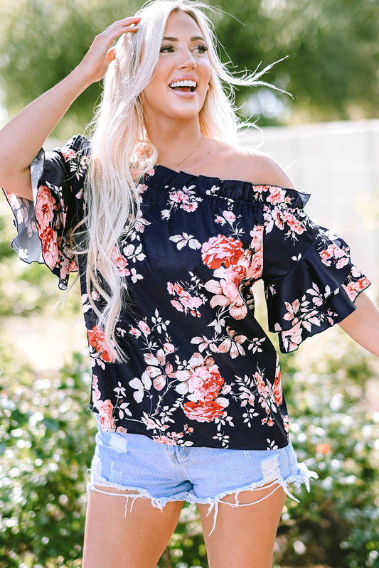 Short Sleeve Off Shoulder Floral Print Blouse