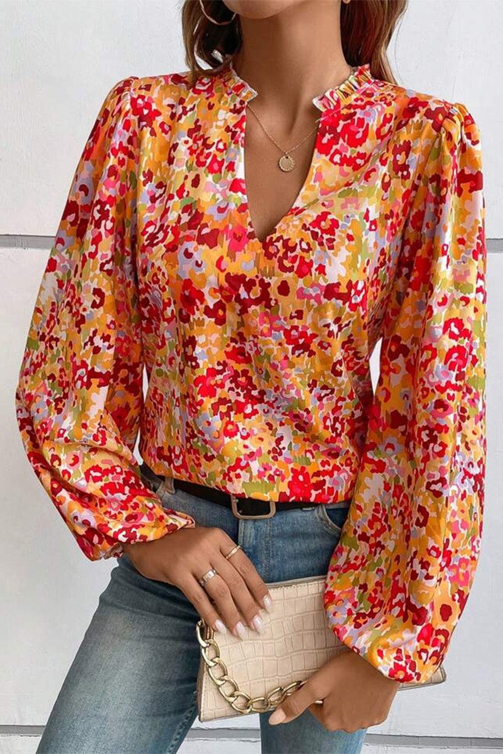 Long Sleeve Floral Print V-neck Top