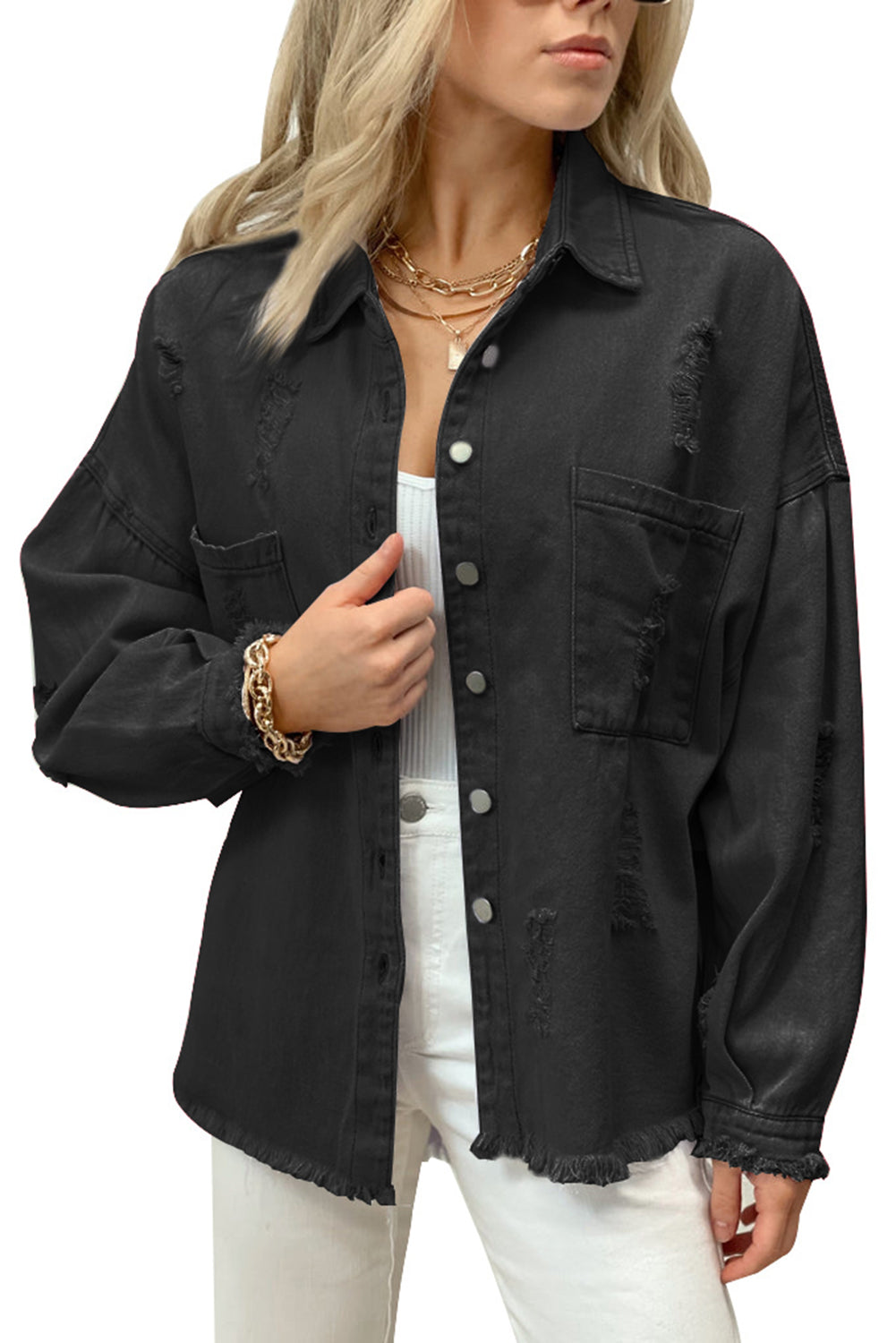 Long Sleeve Button-down Black Denim Shirt/Jacket