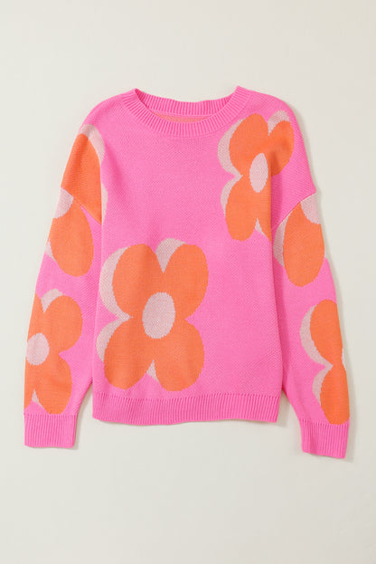 Long Sleeve Crew Neck Floral Print Oversized Sweater