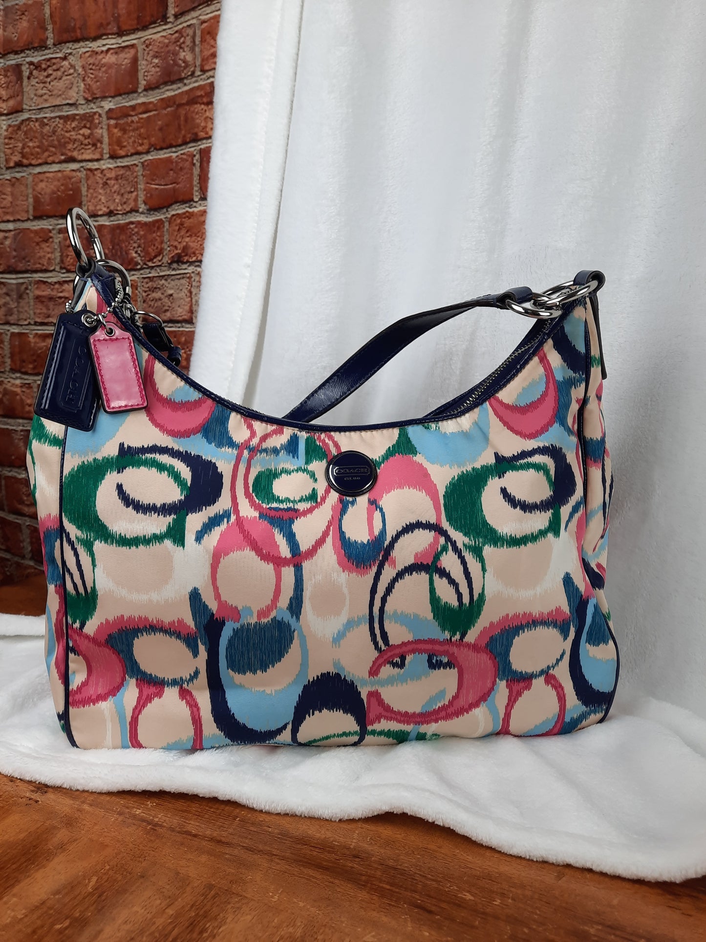 COACH Poppy Shoulder Bag Khaki with Pink Navy Blue and Green