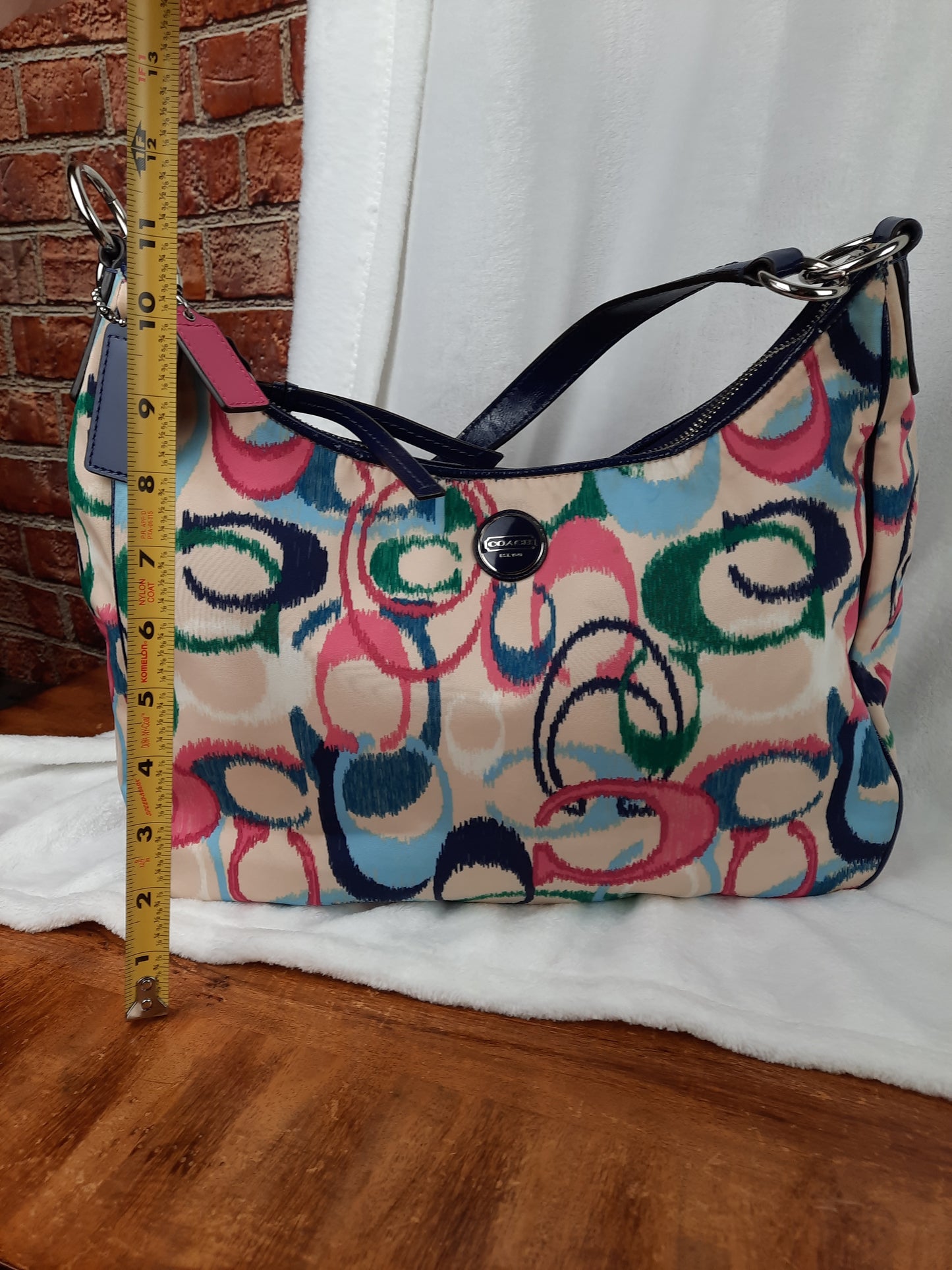 COACH Poppy Shoulder Bag Khaki with Pink Navy Blue and Green